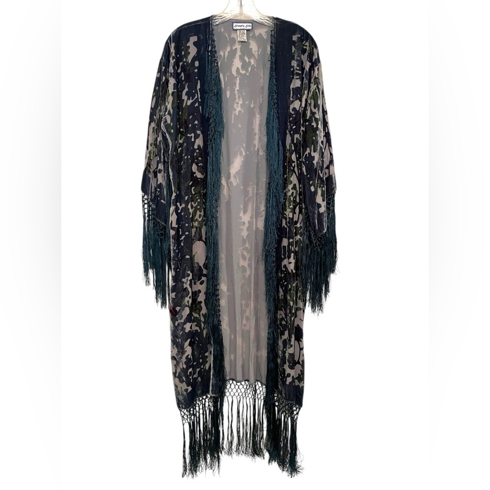 Simply Silk Burnout Velvet Fringed Open Front Silk Blend Kimono One Size